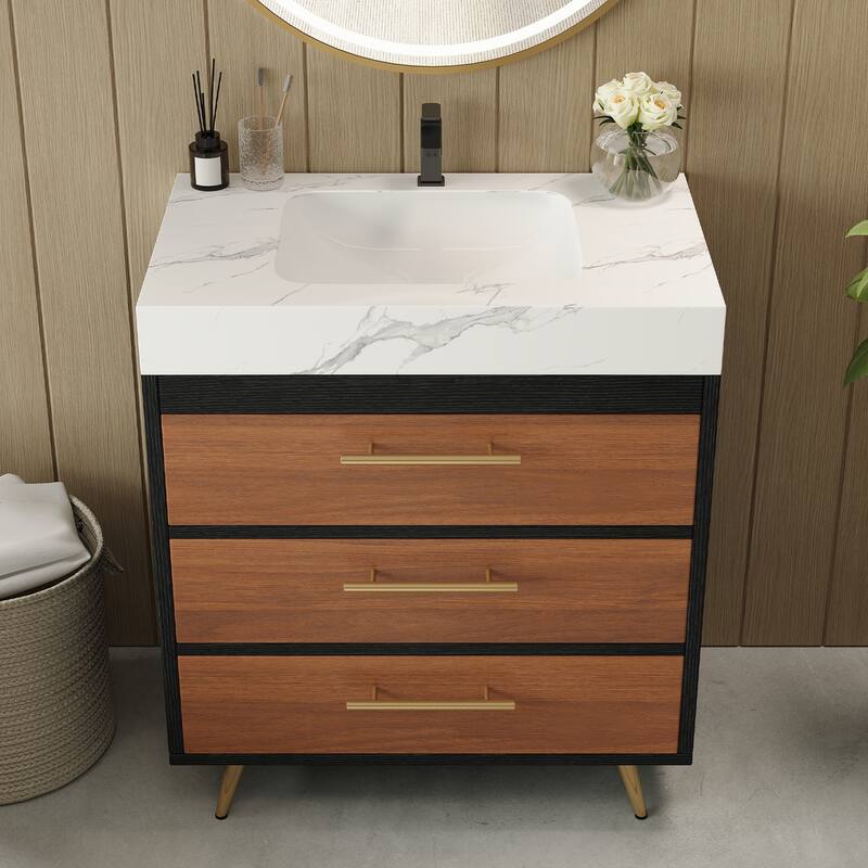 GDFStudio - Athens Modern 29.9" Freestanding Bathroom Vanity with Sintered Stone Top, Ceramic Vessel Sink & Stainless Steel Legs