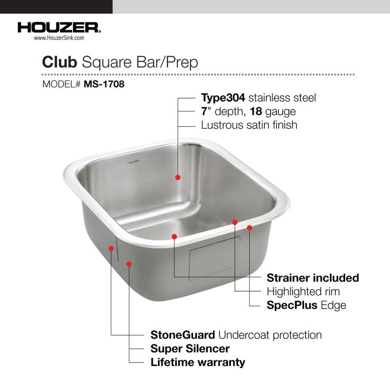 Houzer Club 16-1/4" Single Basin Undermount 18-Gauge Stainless Steel