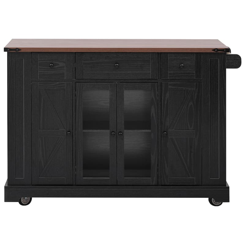 53'' Kitchen Island with Two Tempered Glass Cabinet Doors, Rolling Kitchen Cart on Wheels with Drop Leaf, Power Outlet
