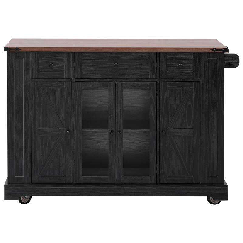Kitchen Island with Two Tempered Glass Cabinet Doors and Power Outlet, Rolling Storage Cabinet with Drop Leaf, Open Side Racks