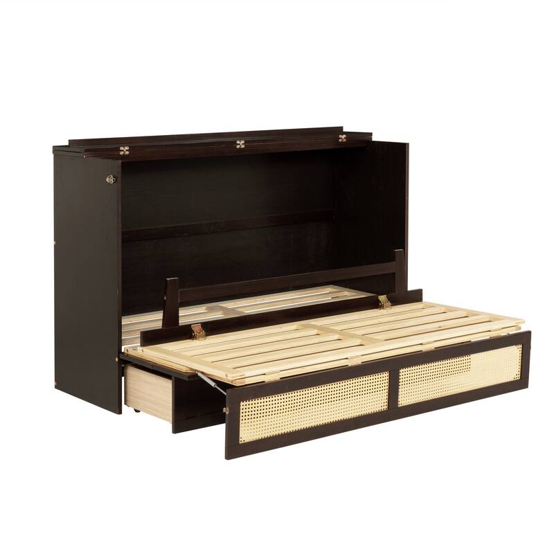 Queen Size Pine Wood Murphy Bed with Rattan Decoration and Storage Drawer