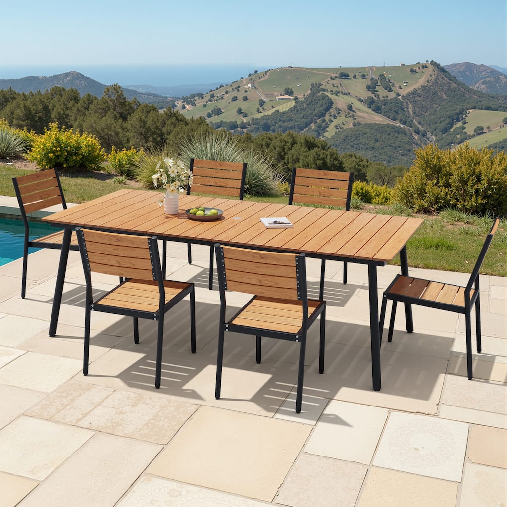 7-Piece Outdoor Patio Dining Set Wood-Like Table Top Alumium Umbrella Hole Table with Stackable Armless Dining Chairs