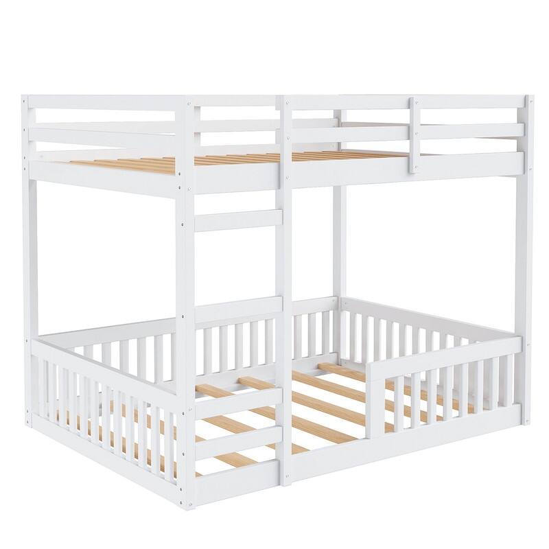 Full over Full Size Bunk Bed with Ladder and Guardrails, Wooden Floor Bunk Bedframe with Slats Support for Kids