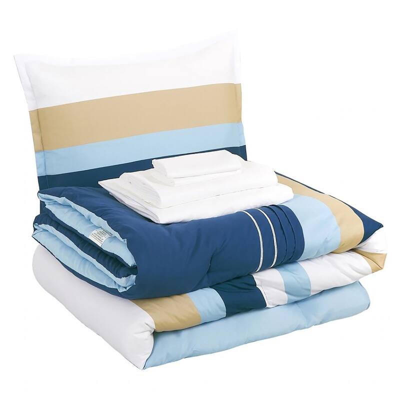 9 Piece Comforter Set Blue White Beige Striped Sea Life Marine Modern Embroidery Soft Bedding