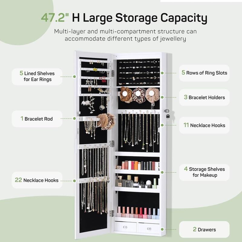 Jewelry Organizer Cabinet, 47.2-Inch Lockable Jewelry Armoire with Full-Length Mirror, Wall or Door-Mounted, Large Storage 6 LED