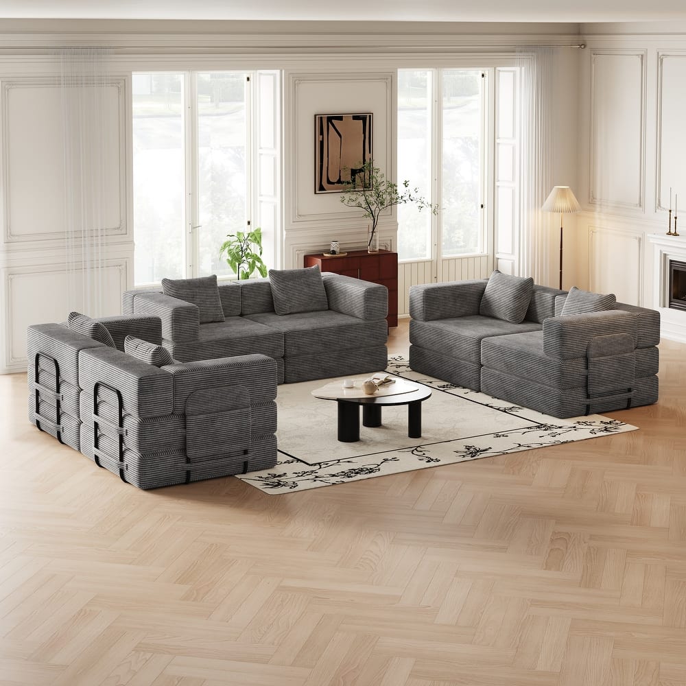 Corduroy Folding Loveseat Couch Set of 3 Convertible Sleeper Sofa Bed with Side Pockets, Modular Floor Mats with Anti-slip Pads