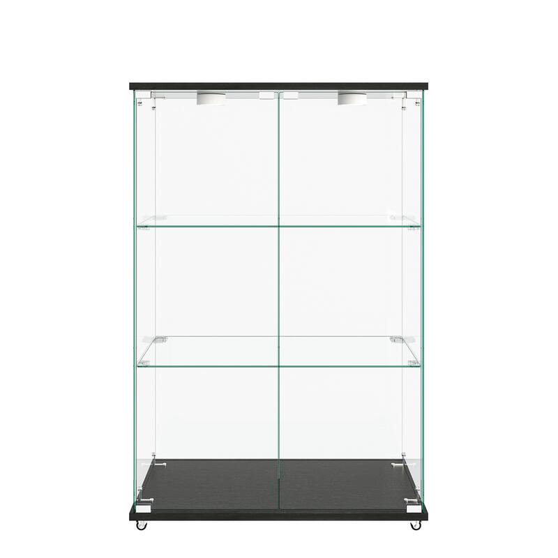 Modern Glass Display Cabinet with LED Lights, Quick-Assembly 2-Door Bookcase with Tempered Glass & Black Frame