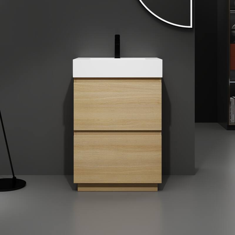 24 in. W x 18 in. D x 35 in. H Single Sink Freestanding Bath Vanity with White Resin Top - Oak