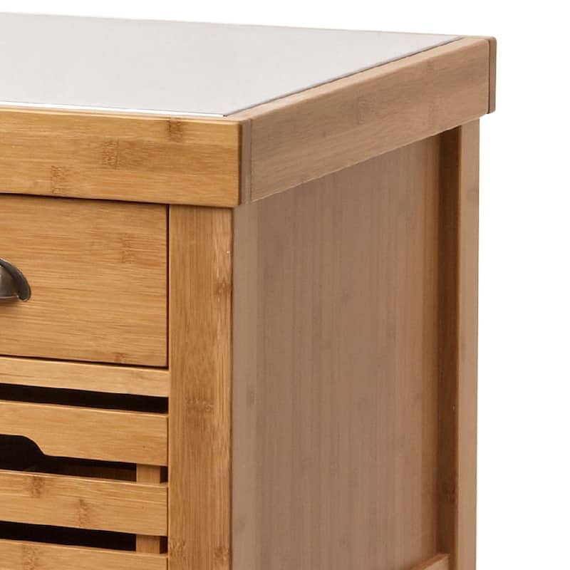 36 Inch Bamboo Kitchen Cart Island, 2 Drawers, Stainless Steel Top, Brown - 22 L x 29 W x 36 H Inches