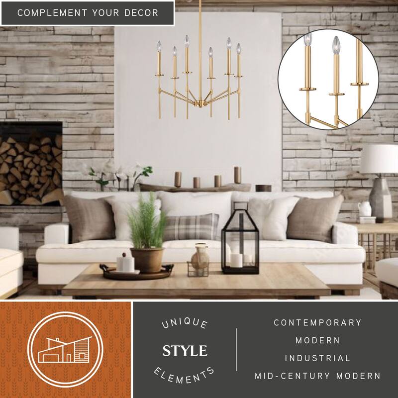 Kedzie 6 Light 2 Tier Brass Mid-Century Modern Chandelier - 24-in W x 23.25-in H x 24-in D