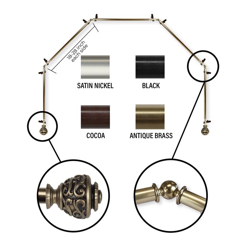 InStyleDesign 13/16" Charlie 5-Sided Bay Window Curtain Rod (18-28 inch each side) - Antique Brass