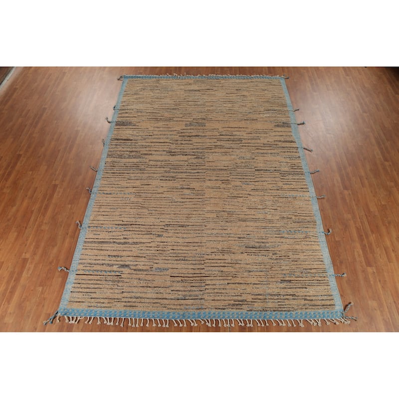 Brown Striped Moroccan Modern Area Rug Hand-Knotted Wool Carpet - 8'9"x 13'0"