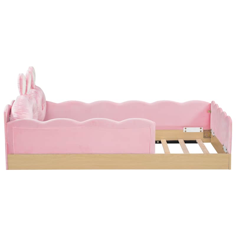 Twin Size Upholstered Bed with Bunny Ear Shape Pillows and Rabbit Tail Footboard, Storage Bags, Wave Frame Platform Bed