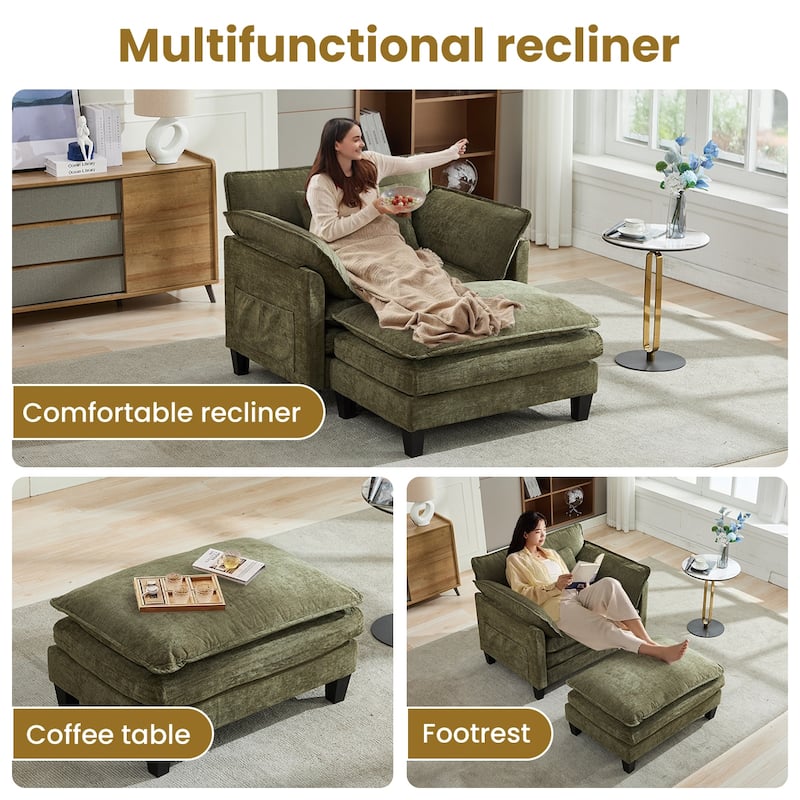 Oversized Single Sofa Chair with Ottoman, Double-Layer Seat Cushion, Chenille Fabric Lounge Chair, Living Room Reading Chair