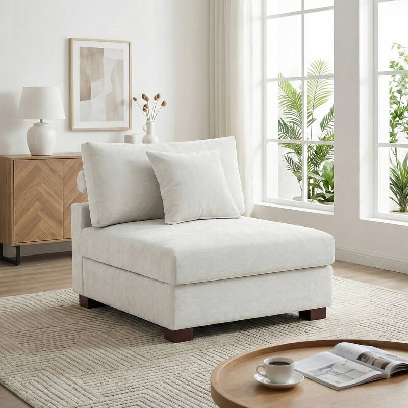 35" W Modern Chenille Armless Accent Chair Sectional Module with Pillows - Off White