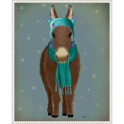 Donkey Blue Hat and Scarf by Fab Funky (23 x 28 in.), Framed Canvas Wall Art Print - Sylvie Beaded White