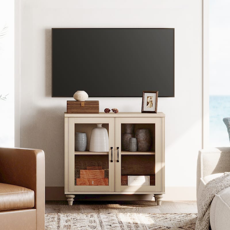 TV Stand with Glass Doors, TV Console Table TV Cabinet - 34 inch - Beige