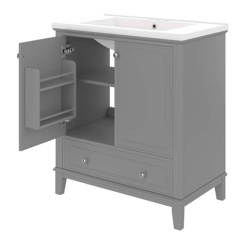 Modern 30" Bathroom Vanity with Ceramic Sink, Storage Cabinet with Door Racks, Detachable Drawer Divider and Adjustable Shelf