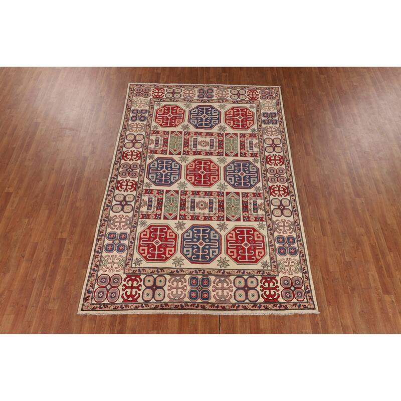 Traditional Beige Kazak Oriental Area Rug Hand-Knotted Wool Carpet - 6'6" x 9'6"