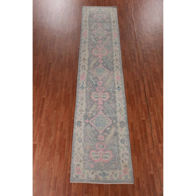 Hand Knotted Oriental 100% Wool Carpet Transitional Geometric Greys & Charcoal Oushak Runner Rug - 16' 1'' X 3' 5''
