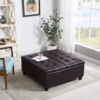 Large Square Faux Leather Storage Ottoman | Coffee table for Living Room & Bedroom (Dark Brown)