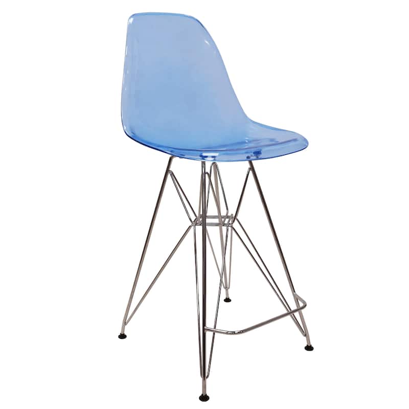 LeisureMod Modern Cresco Acrylic Barstool with Chrome Base and Footrest for Home Bar Restaurant - Transparent Blue