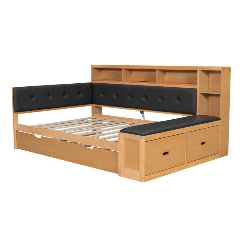 Full Size L-shape Daybed, Captains Bed with Trundle, Bookcase Built-in Charging Station, Upholstered Storage Bench and Headboard