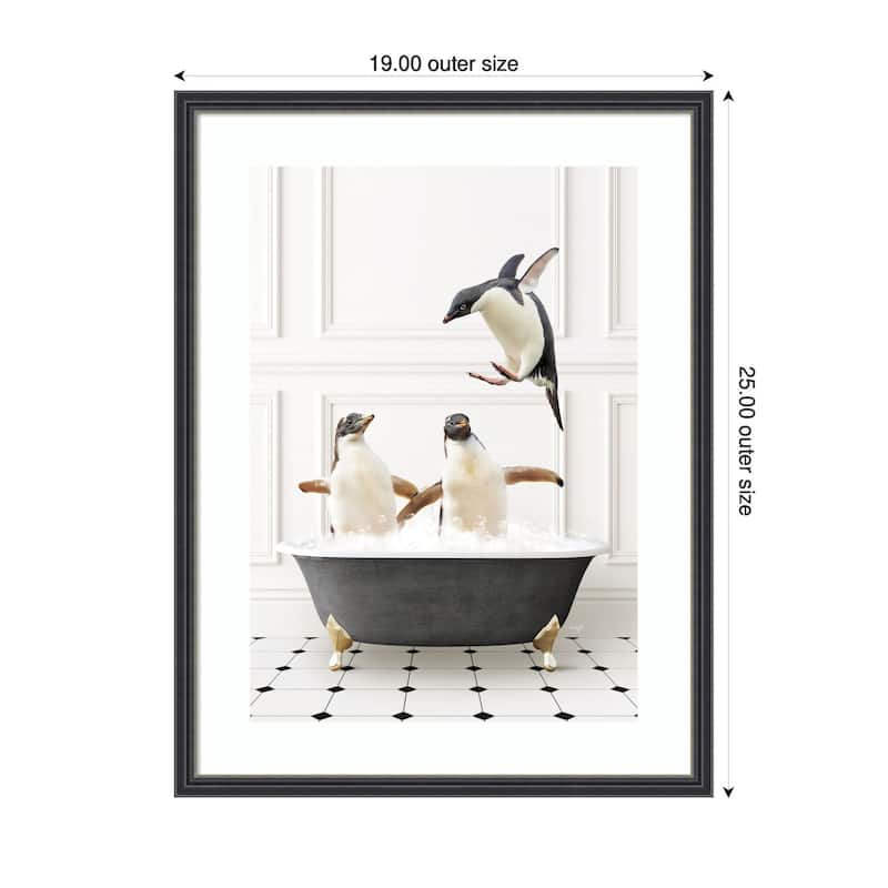 Kate and Laurel Penguins in Classic Black and White Bath by Amy Peterson Framed Wall Art Print
