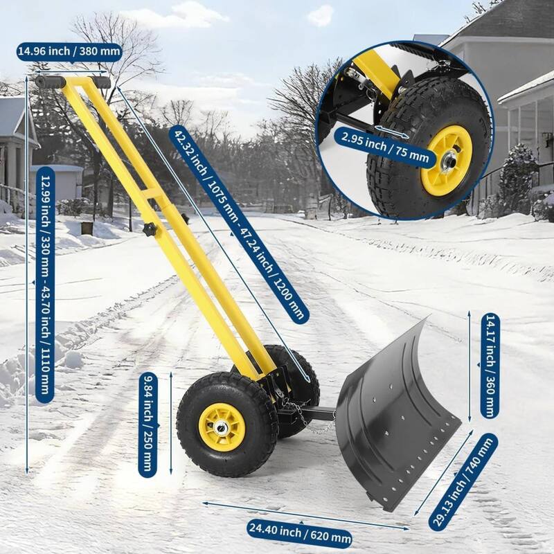 29.13x14 in Heavy Duty Rolling Snow Pusher Shovel for Driveway, Doorway, Sidewalk