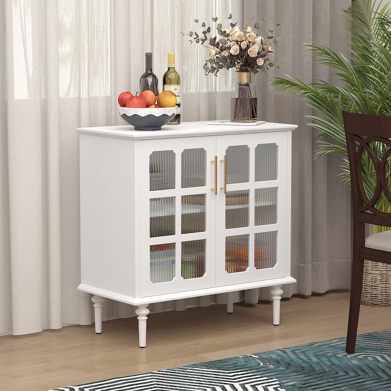 Solid Wood Buffet Cabinet, Lattice Glass Doors with Adjustable Shelves - 2-Doors