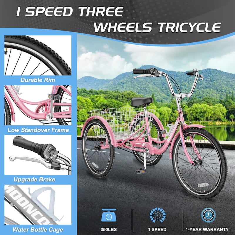 DoCred Adult Tricycle 7 Speed 24"/26" Three Wheel Bike with Basket