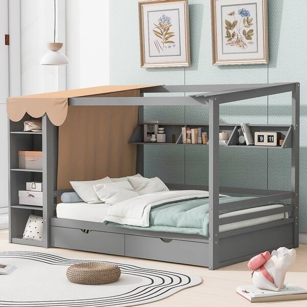 slide 2 of 9, Full size House Bed with Two Drawers and Built-in Wardrobe Grey