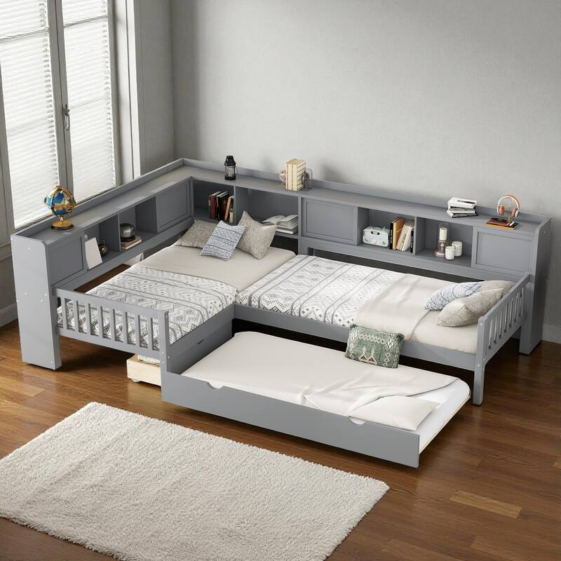 L-Shaped Twin Platform Bed with Trundle, Solid Wood Corner Bed Frame with Drawers and Shelves, No Box Spring Needed
