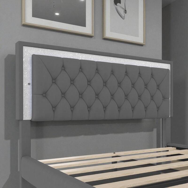 Queen Size Velvet Upholstered Bed Frame with LED Lights, Modern Tufted Headboard Platform Bed with Slats