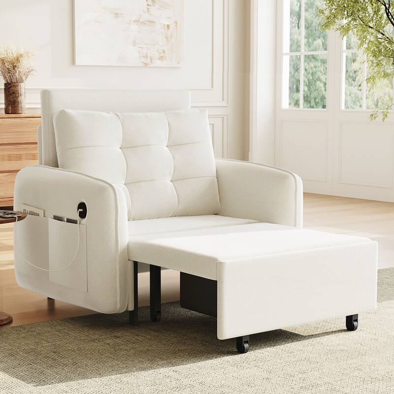 80" Extra Long Pull Out Sleeping Lounge with USB Charging, Storage Pockets and Box - Beige