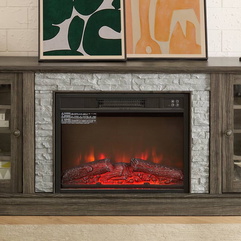 Fireplace TV Stand with 23" Electric Fireplace, Faux Stacked Stone Surround Media Cabinet TV Console for TVs up to 75"