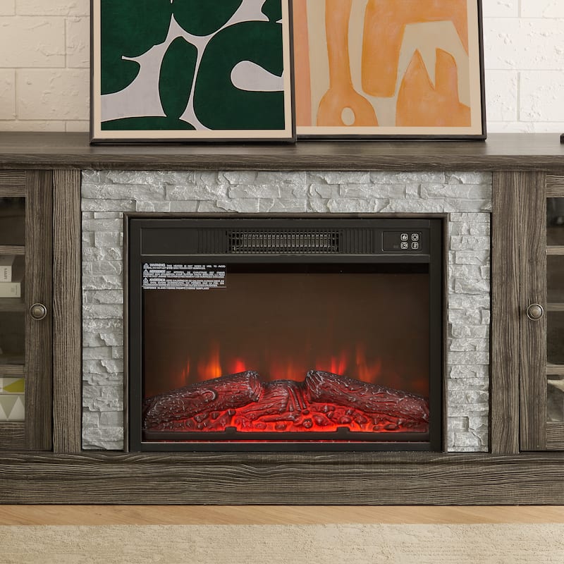 GDFStudio Thatch Wood 70" TV Stand with Faux Stacked Stone Fireplace and 2 Door Storage