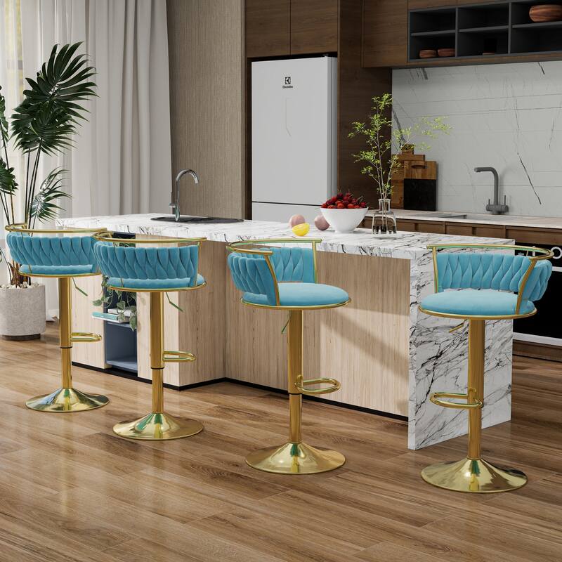 Modern Velvet 26" Adjustable Swivel Bar Stools (Set of 4) - Blue