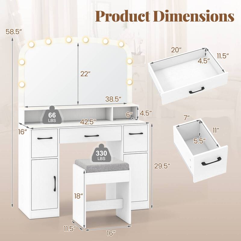 Costway Vanity Desk Makeup Table with with Stool Large Mirror 3-Color - See Details