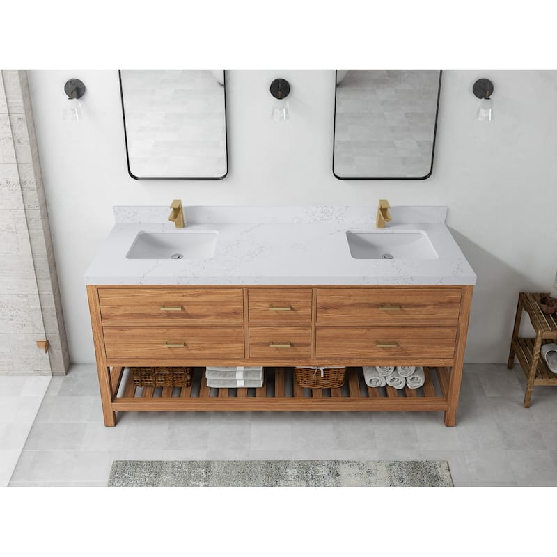 Willow Collections 72 in. W x 22 in. D Parker Solid Teak Double Sink Bathroom Vanity with Countertop - 2"Empira Quartz - Golden Teak