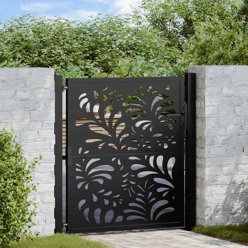 vidaXL Garden Gate Black Steel Leaf Design - Black (2)