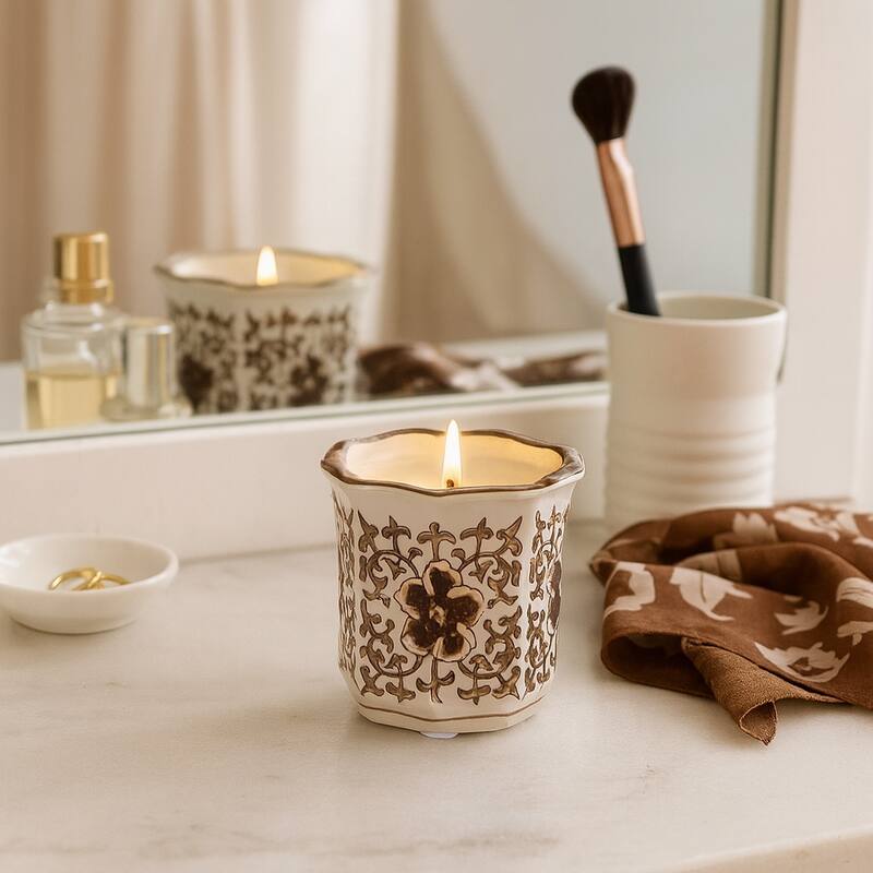 Modern Chinoiserie Ceramic Candle - Plumeria Scented - 4.0" - Brown