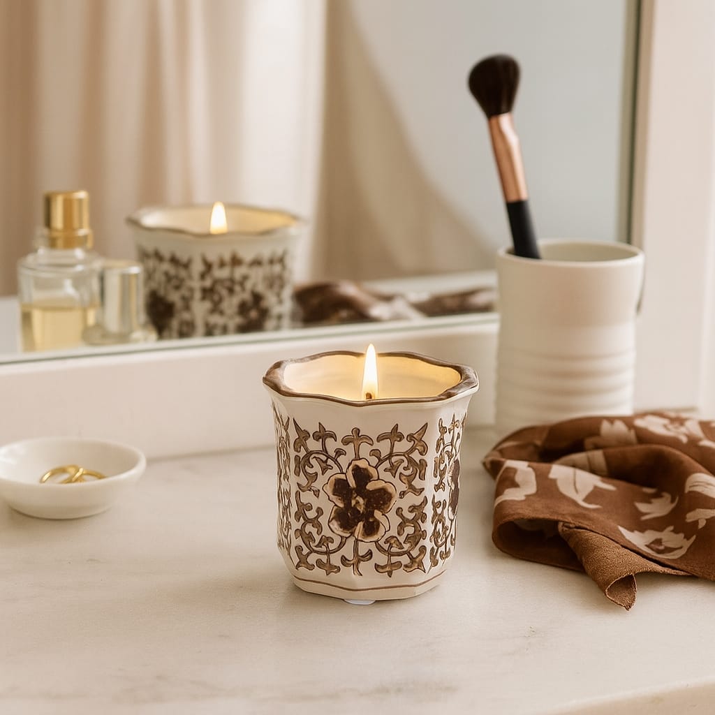 Modern Chinoiserie Ceramic Candle - Plumeria Scented - 4.0"