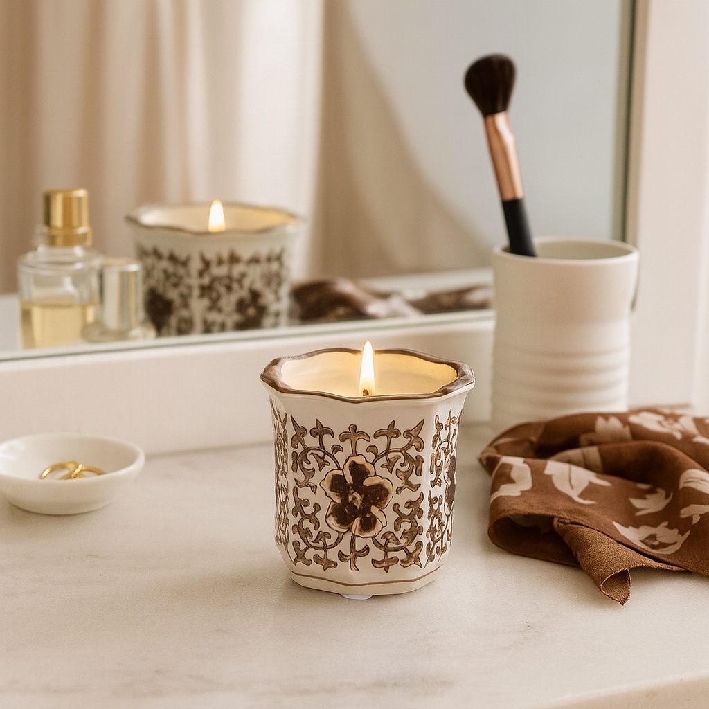 Modern Chinoiserie Ceramic Candle - Plumeria Scented - 4.0"