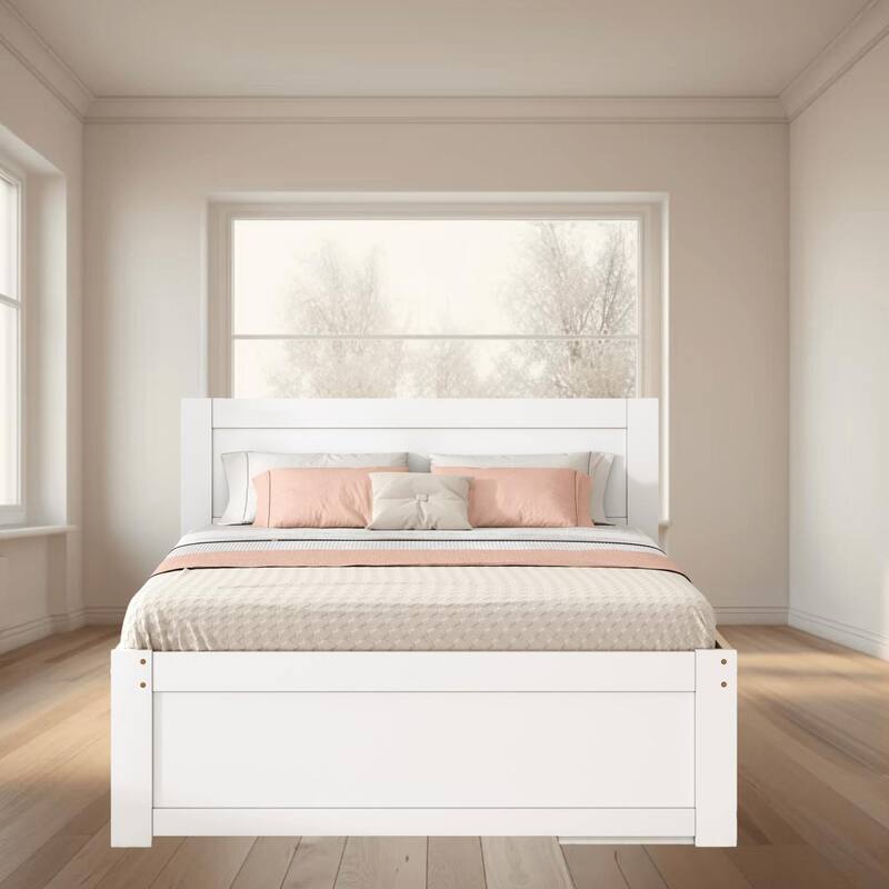 Full Size Wooden Platform Bed Frame with Drawer and Two Shelves, Ample Storage and Space-Saving Design, Bedroom Furniture - Antique White - Full