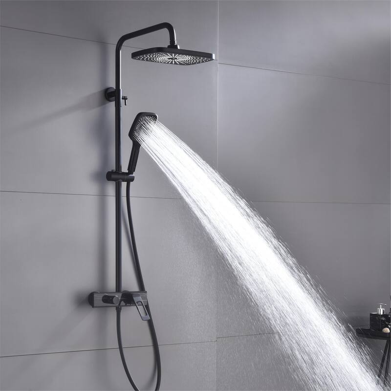 5-Way Wall Exposed Install 12'' Complete Rainfall Shower System with Handheld Showerhead & Faucet in Black / Gold