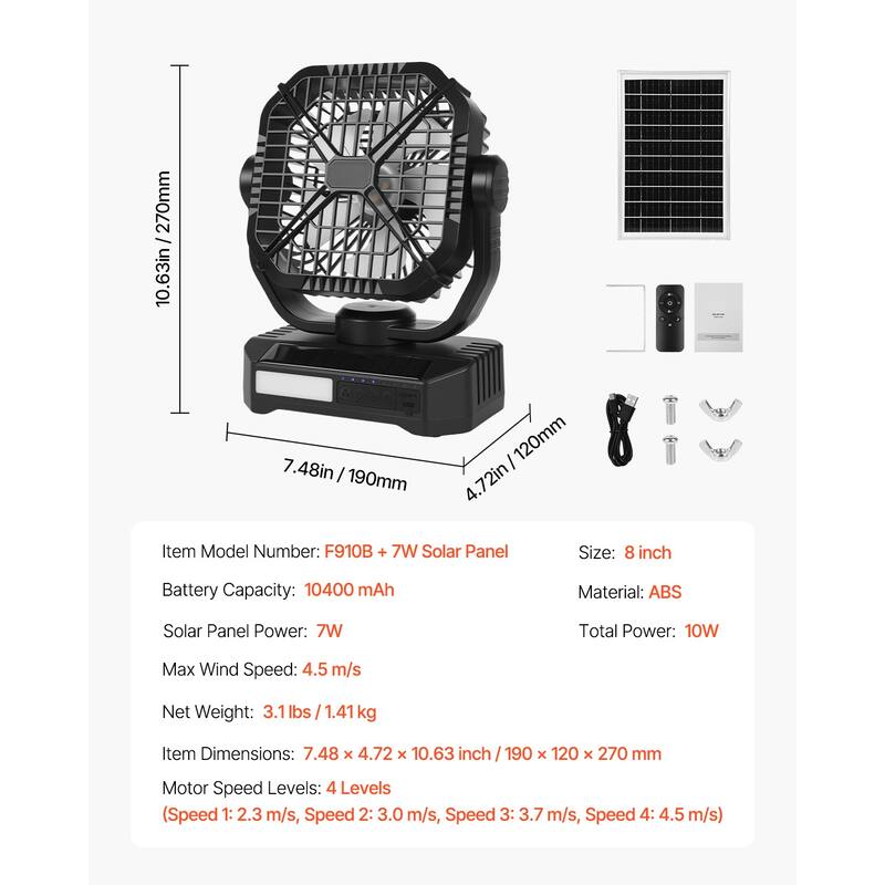 10400mAh Solar Fan Camping Fan with Solar Panel LED Lantern 7W 8 Inch