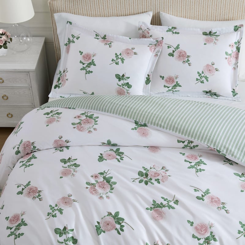 Martha Stewart Tea Rose Cotton Reversible Pink Duvet Cover Set