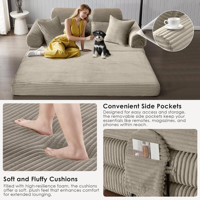 Convertible Sleeper Sofa Bed, 78.5" Corduroy Foldable Loveseat Sofa, King Size Floor Mattress Couch, No Assembly Required