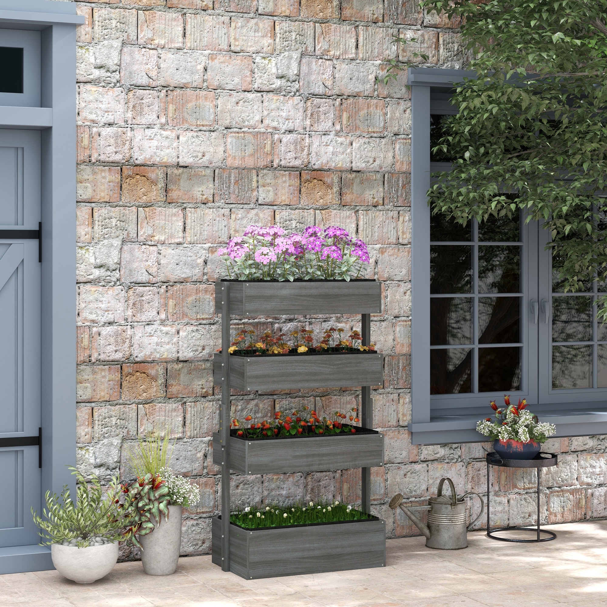 Outsunny Vertical Garden Planter, Wooden 4 Tier Planter Box, Self-Draining with Non-Woven Fabric for Outdoor Flowers